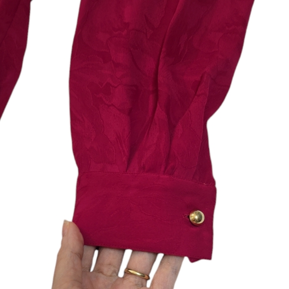 Vintage Leslie Fay Petite Dress 10 Red Fuchsia Pleat Button Down Long Sleeve - Picture 4 of 9